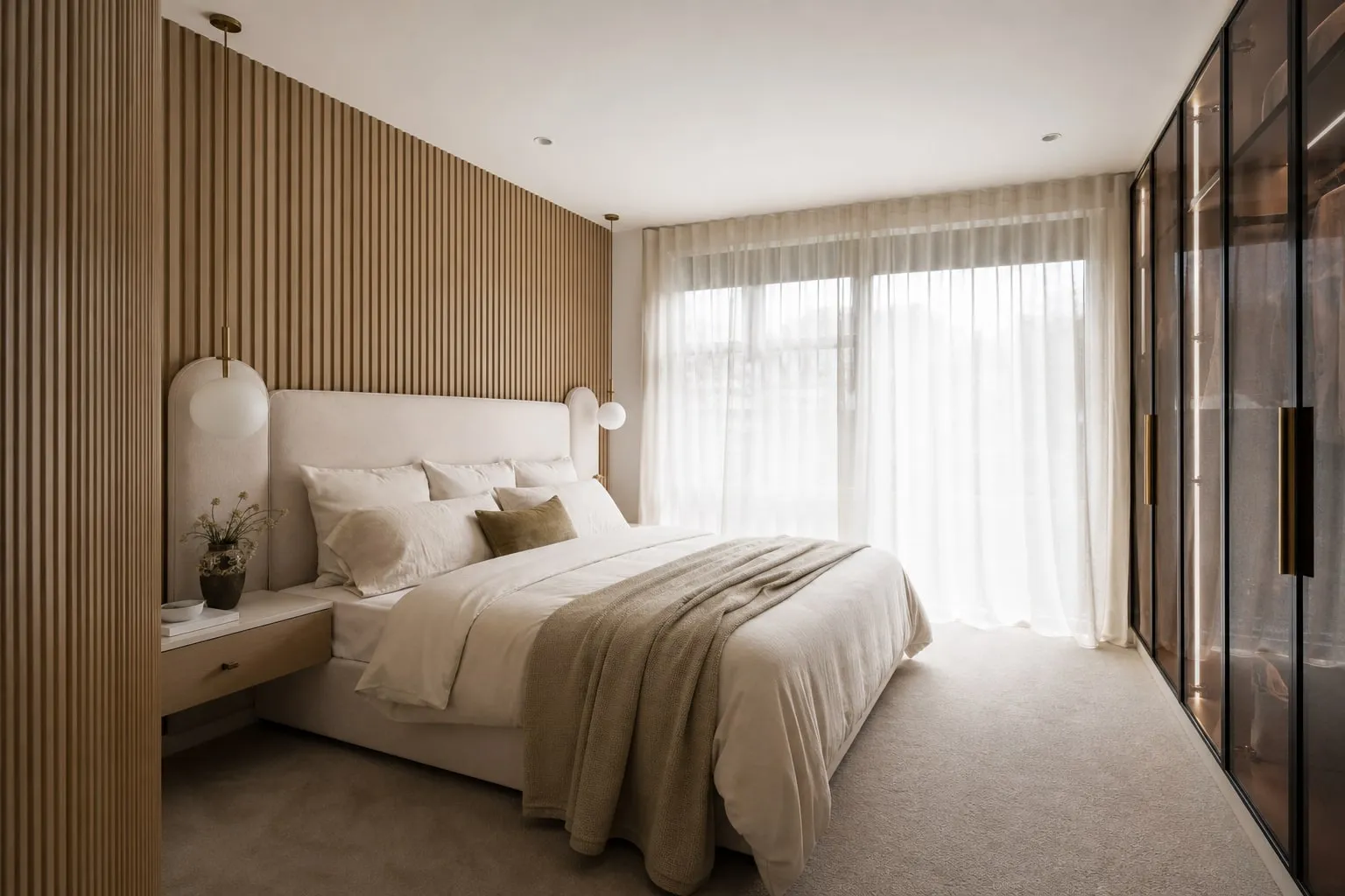 Master bedroom concept with a fluted timber wall and built-in wardrobe