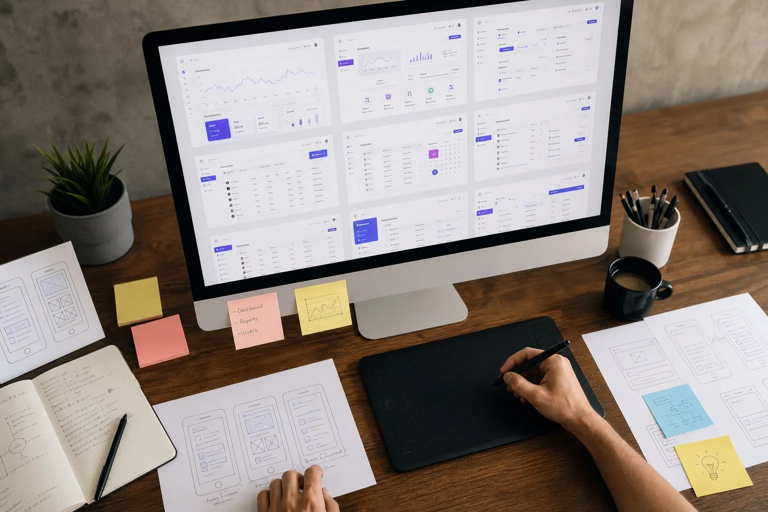 Designer's desk with interface designs on a monitor beside paper wireframes