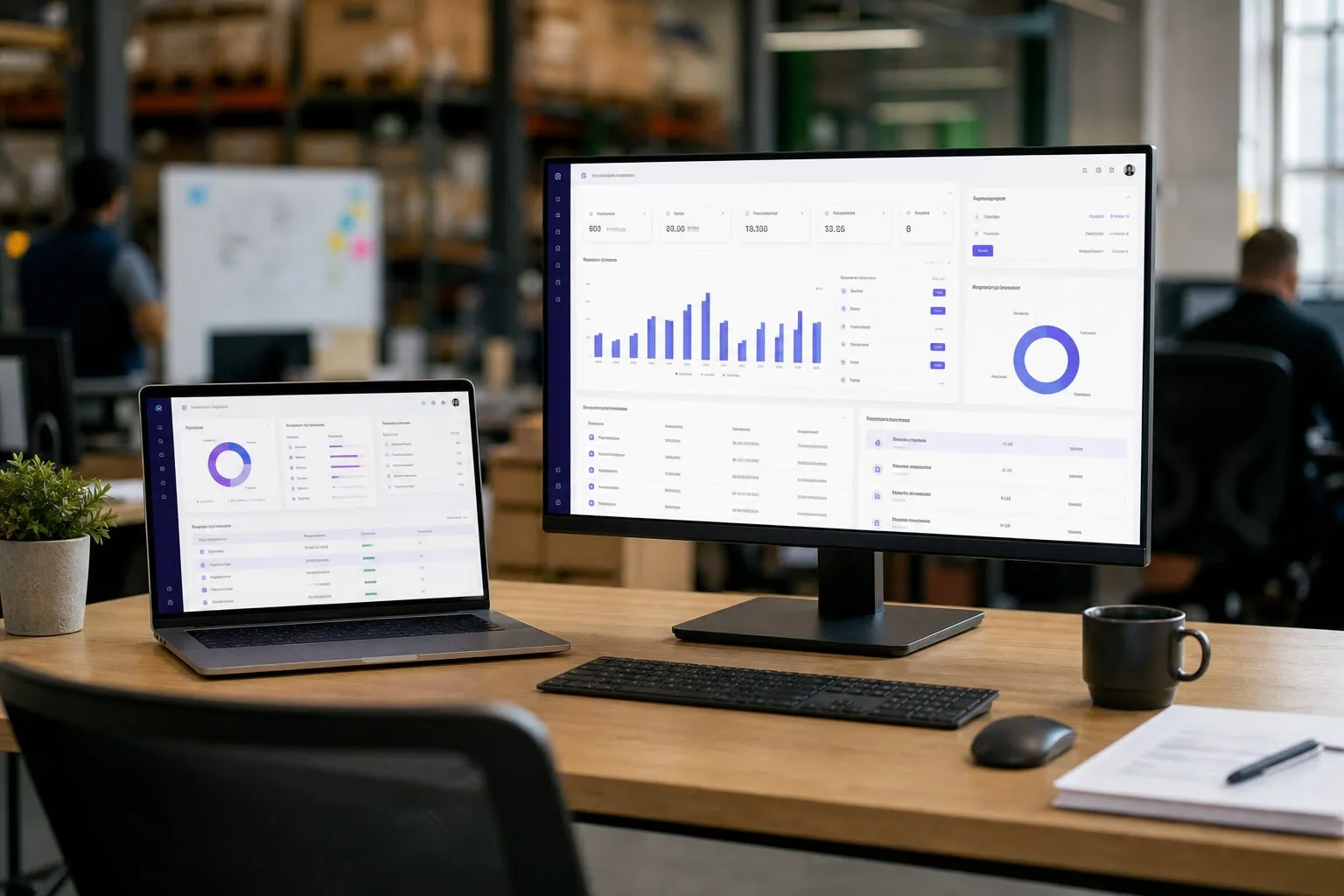 Laptop and monitor on a desk showing a business operations dashboard web app