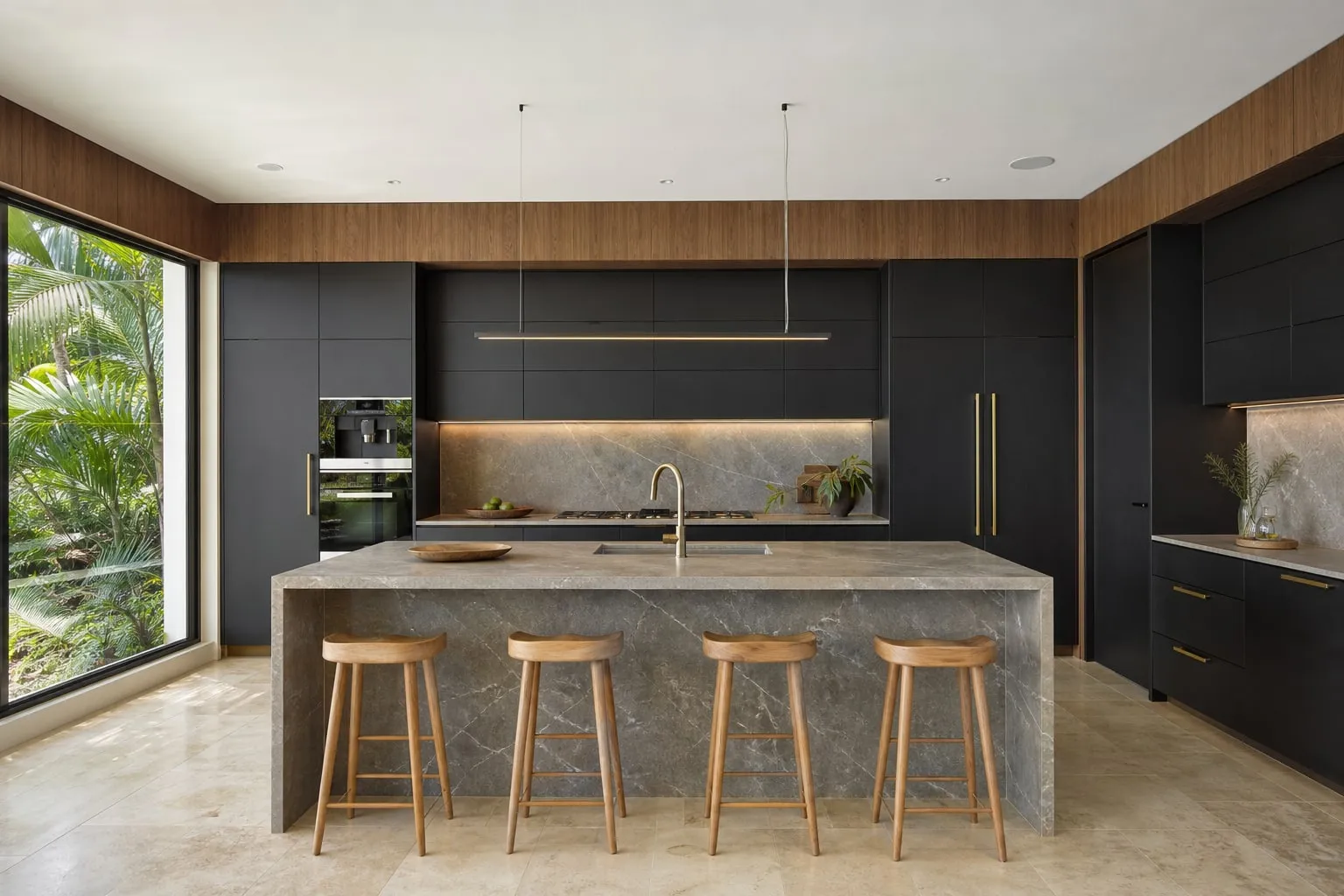 Kitchen concept with a stone island, dark cabinetry and brass details