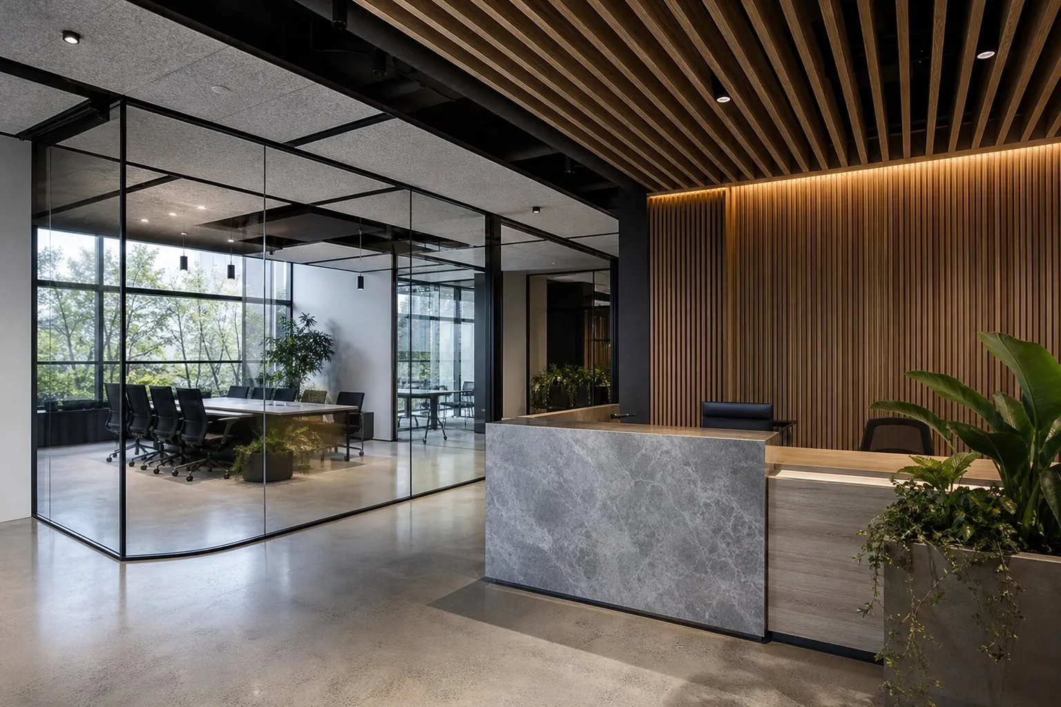 Office fit-out concept with glass meeting room, timber slat ceiling and stone reception