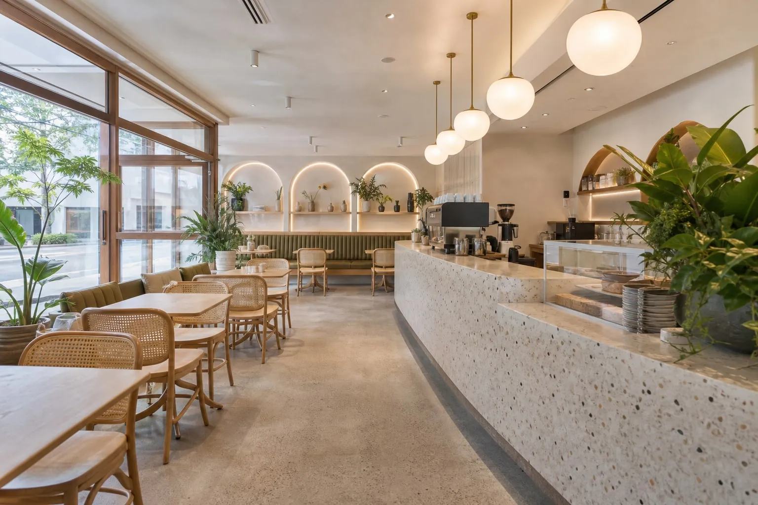 Cafe interior concept with a terrazzo counter, arched niches and pendant lights